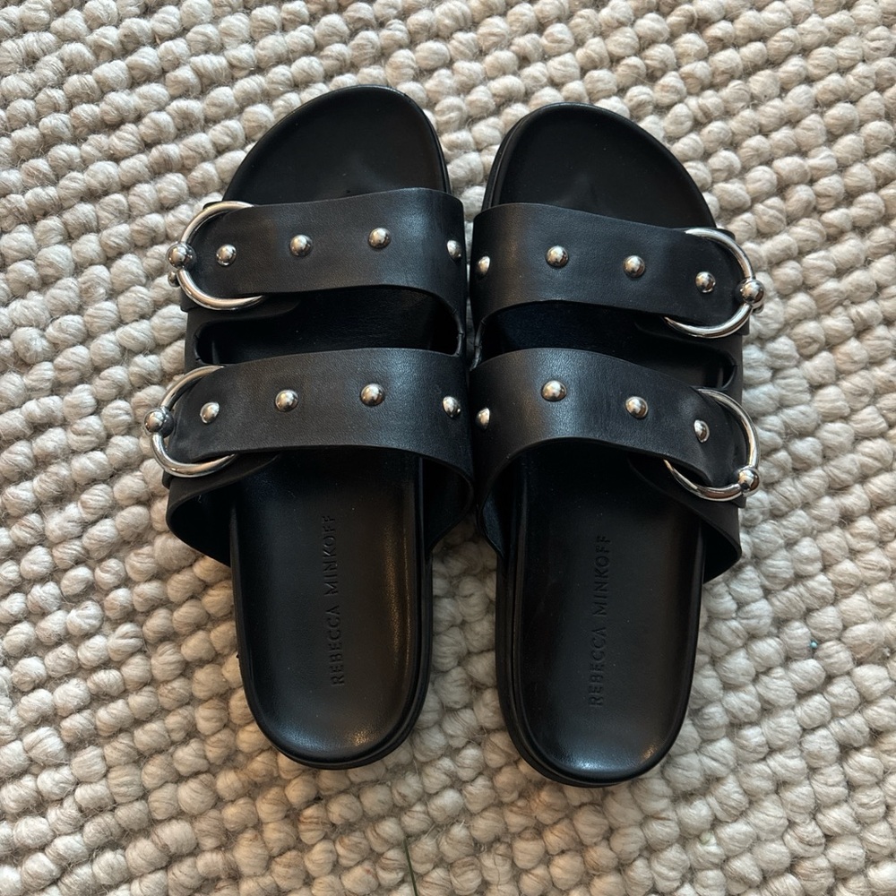 Rebecca Minkoff Black Double-Strap Stud Slide Sandals